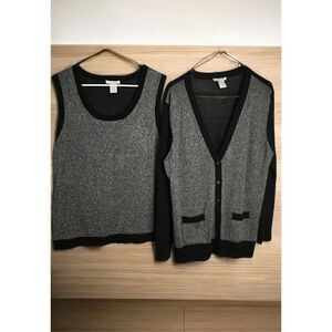 Joan Vass Women's Wool-Blend 2-Piece Tank Top & Cardigan Set Black Silver sz 3 L